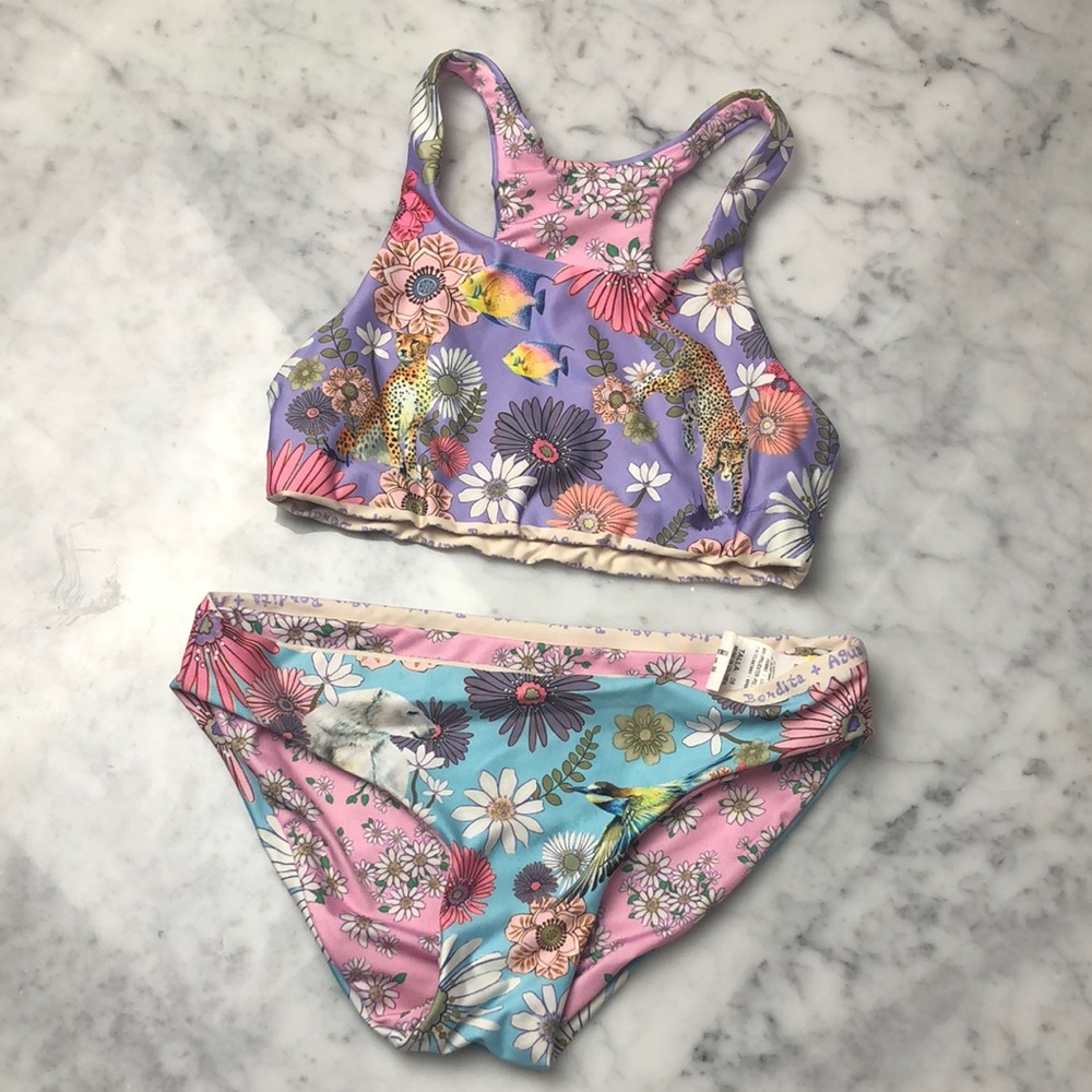 Agua Bendita Girls Floral & Leopard Two-Piece Bikini in Purple, Pink, Blue